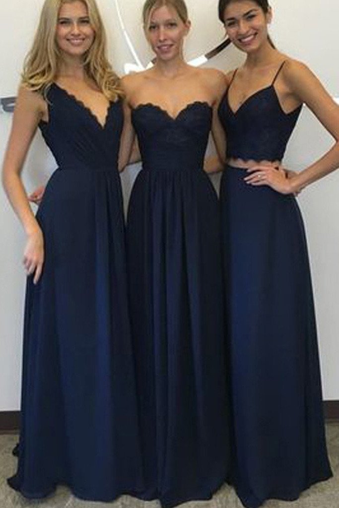 Vestidos de dama de honor de corte A, azul marino, de gasa y encaje, recién llegados.