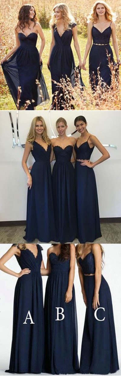 Vestidos de dama de honor de corte A, azul marino, de gasa y encaje, recién llegados.