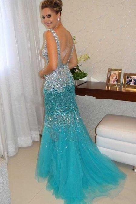 Robes de bal longues sirène à bretelles ornées de perles de cristal 