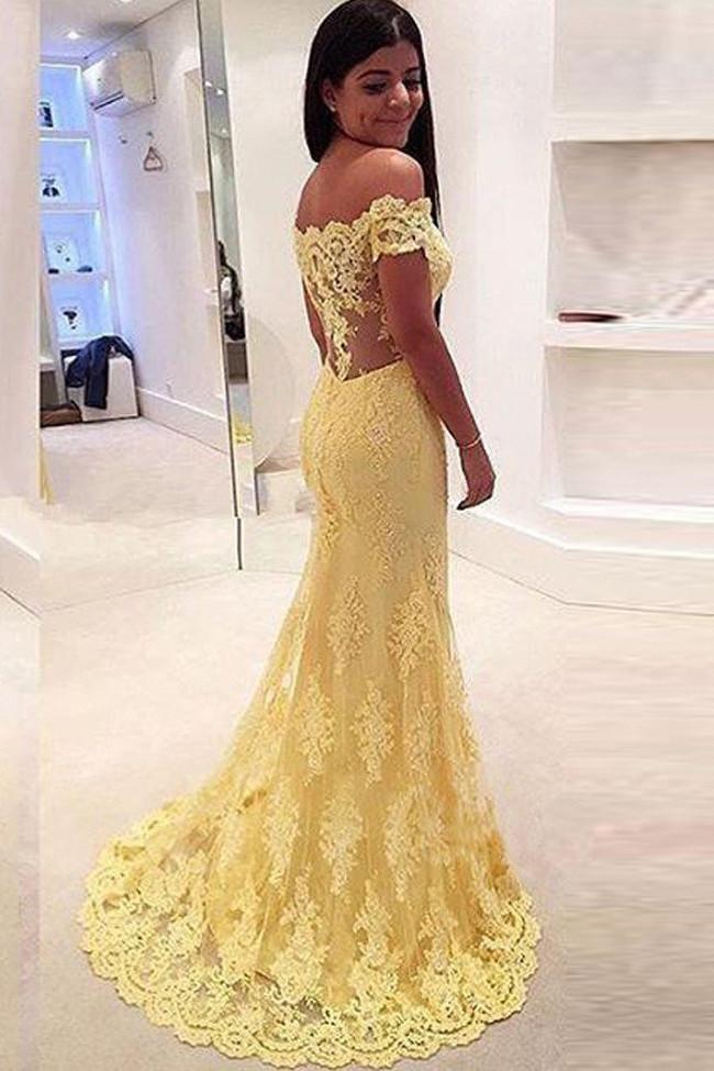 Vestidos de noche de sirena con cola de encaje y hombros descubiertos