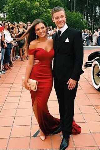 Vestido largo de fiesta de satén con hombros descubiertos y abertura tipo sirena, vestido de noche