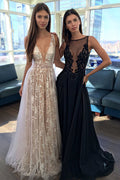 Tulle V-Neck A-Line Long Prom Dress with Real Appliques, Party Dresses