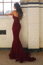 Robe de bal longue sirène chic bordeaux en dentelle à décolleté cœur, robe de soirée 