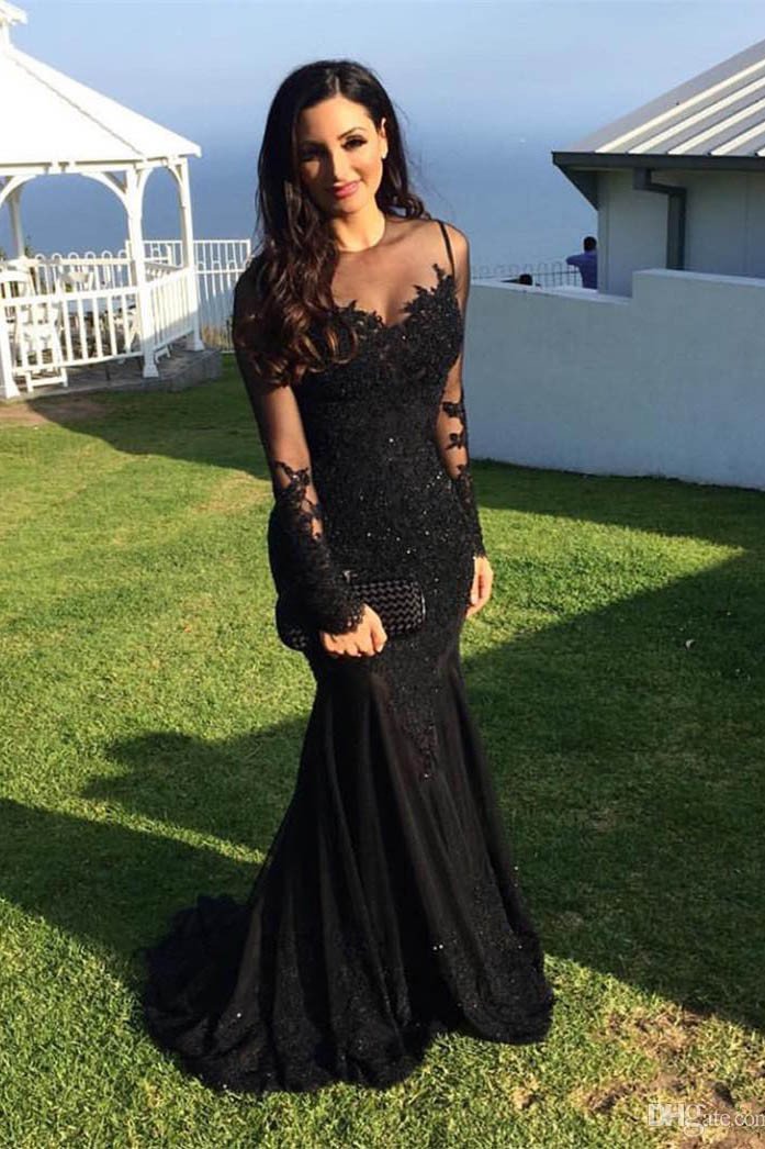 Vestidos de fiesta de sirena de manga larga, vestidos de noche con apliques 