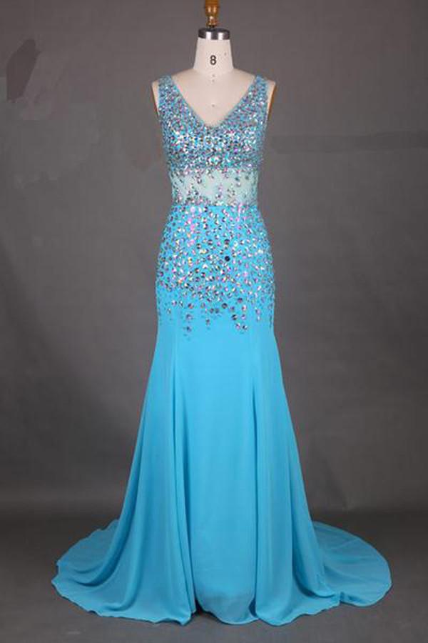 Chiffon V-Neck Mermaid Court Train Long Prom Dress With Beading