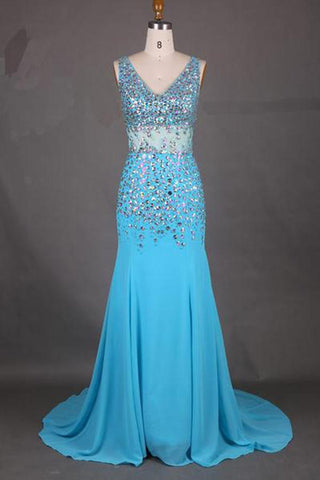 Robe de bal longue sirène en mousseline à col en V et traîne courte, ornée de perles