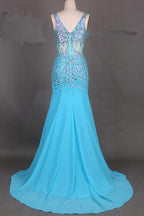 Chiffon V-Neck Mermaid Court Train Long Prom Dress With Beading