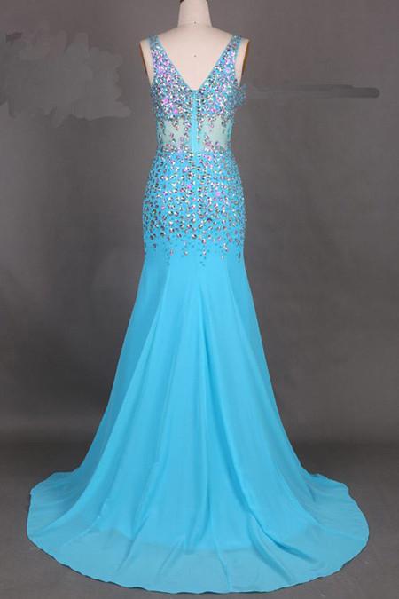 Chiffon V-Neck Mermaid Court Train Long Prom Dress With Beading