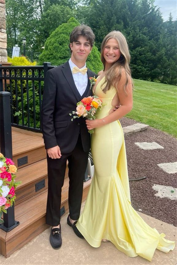 Robe de soirée sirène longue jaune sexy à col en V et dos nu Y7974