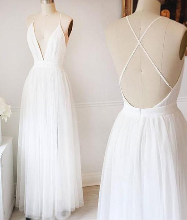 Vestidos de novia sencillos blancos de corte A con tul y escote en V, vestidos largos de fiesta MW218