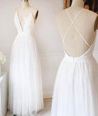 Vestidos de novia sencillos blancos de corte A con tul y escote en V, vestidos largos de fiesta MW218