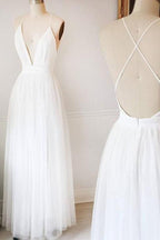 Vestidos de novia sencillos blancos de corte A con tul y escote en V, vestidos largos de fiesta MW218