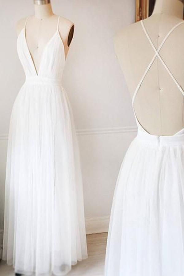Vestidos de novia sencillos blancos de corte A con tul y escote en V, vestidos largos de fiesta MW218
