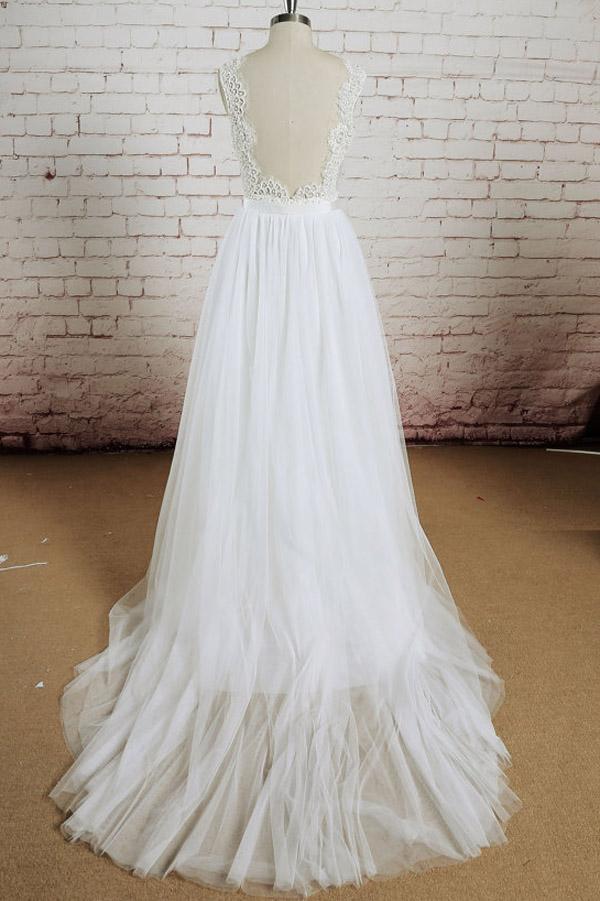 Baoleely White Tulle Lace Halter V-Neck Long Wedding Dresses with Sweep Train, MW232