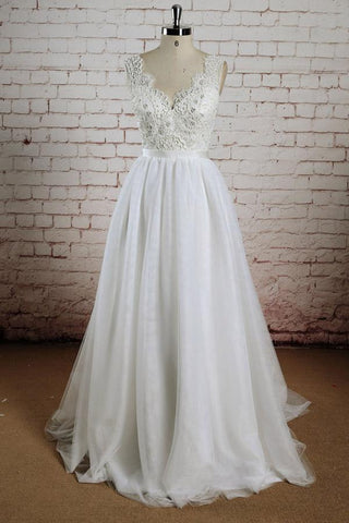 Robe de mariée longue blanche en tulle et dentelle, col en V, avec traîne, MW232