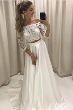 Baoleely White Two Piece Lace Half Sleeve Boho Style Beach Wedding Dresses, MW230