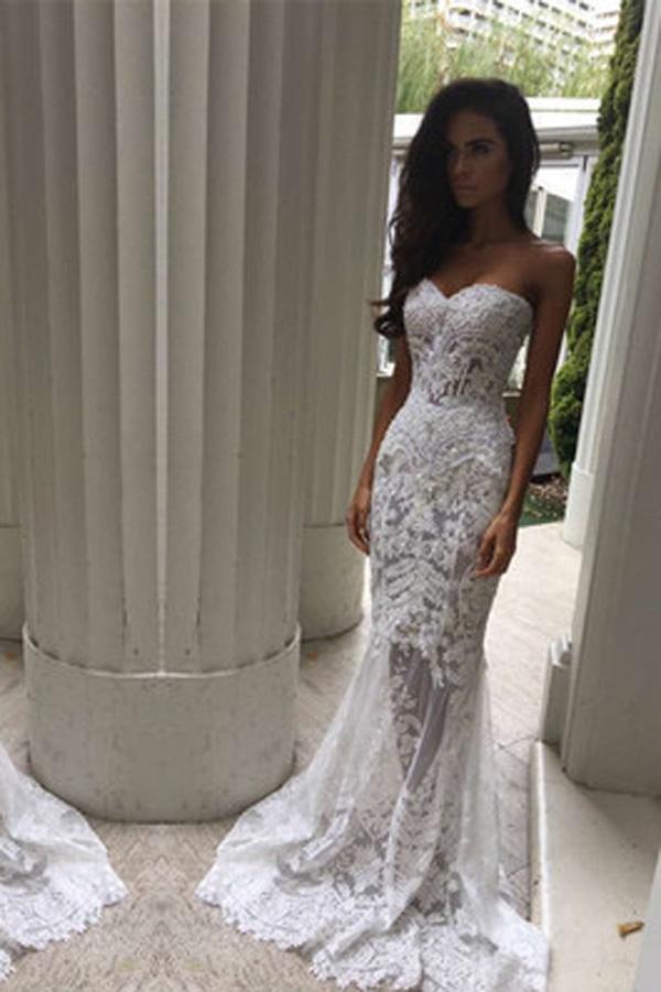 Baoleely White Off Shoulder Sweetheart Mermaid Formal Long Wedding Dress, MW165