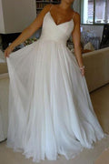 Baoleely White A-line Chiffon Simple V-neck Spaghetti Straps Court Train Wedding Dresses, MW257