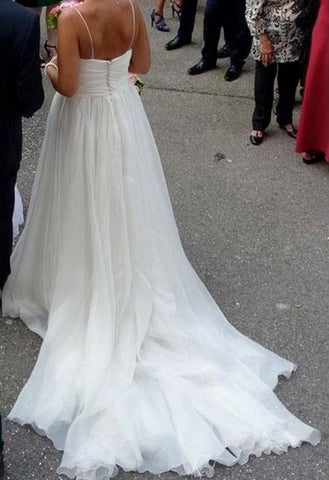 Robe de mariée blanche coupe trapèze en mousseline de soie, simple, col en V, bretelles spaghetti, traîne courte, MW257