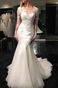 Baoleely White Tulle Scoop Neck Long Sleeve Mermaid Sweep Train Lace Wedding Dresses, MW194