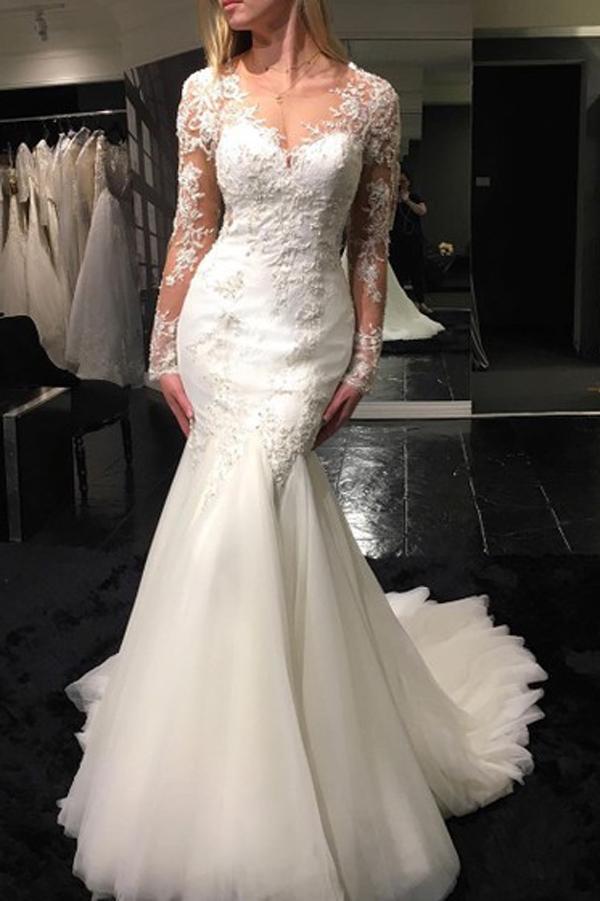 Baoleely White Tulle Scoop Neck Long Sleeve Mermaid Sweep Train Lace Wedding Dresses, MW194