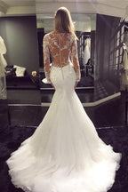 Baoleely White Tulle Scoop Neck Long Sleeve Mermaid Sweep Train Lace Wedding Dresses, MW194