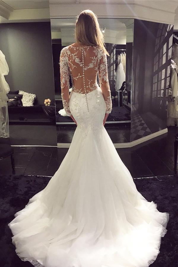 Baoleely White Tulle Scoop Neck Long Sleeve Mermaid Sweep Train Lace Wedding Dresses, MW194