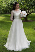 Baoleely White Lace Bodice Half Sleeves Long Wedding Dresses, Cheap Bridal Gowns, MW160