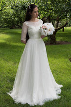 Baoleely White Lace Bodice Half Sleeves Long Wedding Dresses, Cheap Bridal Gowns, MW160