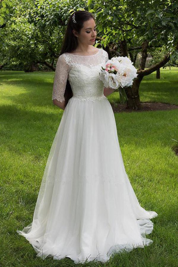 Baoleely White Lace Bodice Half Sleeves Long Wedding Dresses, Cheap Bridal Gowns, MW160
