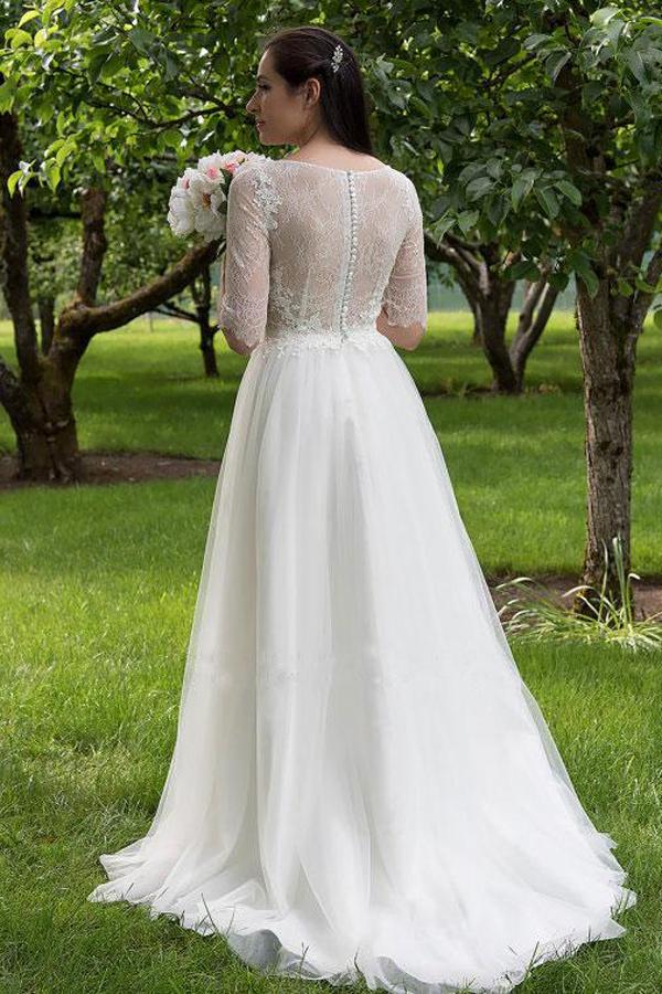 Baoleely White Lace Bodice Half Sleeves Long Wedding Dresses, Cheap Bridal Gowns, MW160