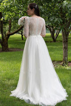 Baoleely White Lace Bodice Half Sleeves Long Wedding Dresses, Cheap Bridal Gowns, MW160