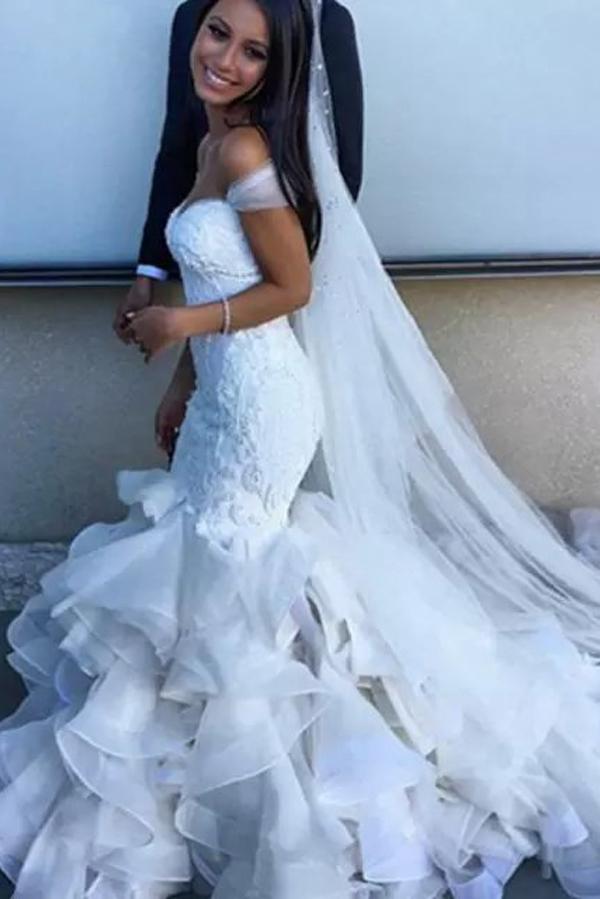 Baoleely White Mermaid Off Shoulder Sweetheart  Ruffles Wedding Dresses, Bridal Gown, MW157