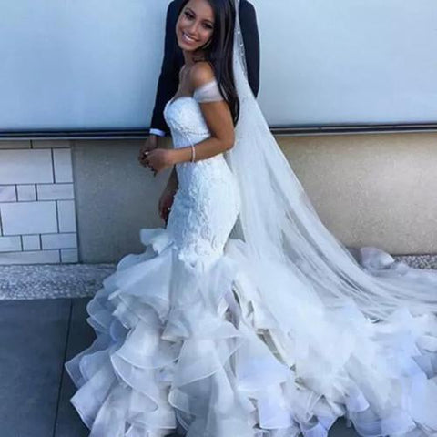 Baoleely White Mermaid Off Shoulder Sweetheart  Ruffles Wedding Dresses, Bridal Gown, MW157