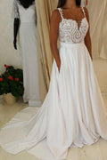 Baoleely White Sweetheart Lace Top Spaghetti Straps Long Wedding Dresses with Pocket, MW221