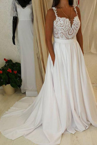 Robe de mariée longue blanche à bretelles spaghetti et décolleté en cœur avec poche, MW221