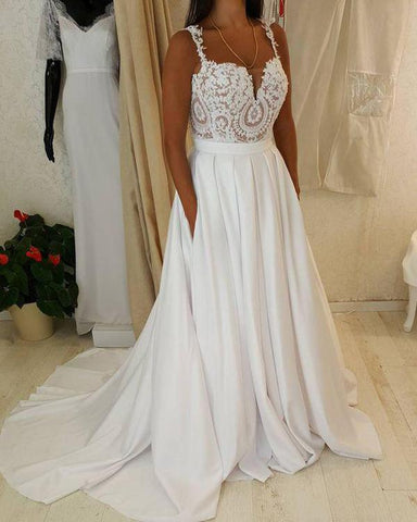 Robe de mariée longue blanche à bretelles spaghetti et décolleté en cœur avec poche, MW221