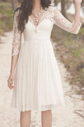 Baoleely White A Line Vintage Knee Length 3/4 Sleeve Lace Wedding Dresses, MW248