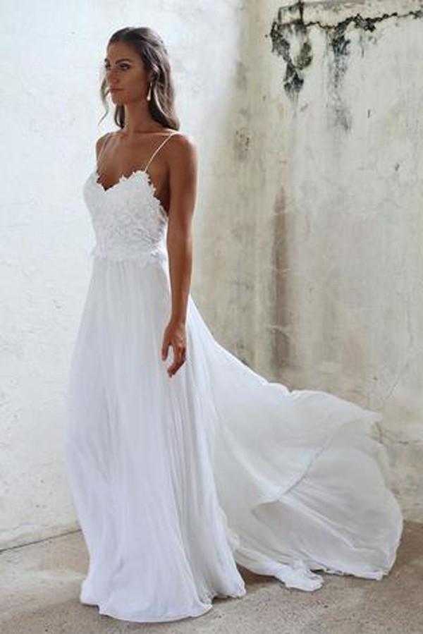 Baoleely White Spaghetti Straps Open Back Lace Beach Wedding Dresses, MW212
