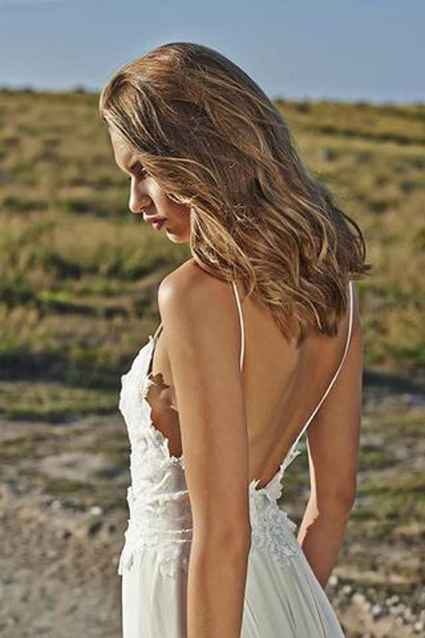 Baoleely White Spaghetti Straps Open Back Lace Beach Wedding Dresses, MW212