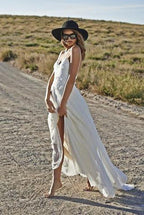 Baoleely White Spaghetti Straps Open Back Lace Beach Wedding Dresses, MW212