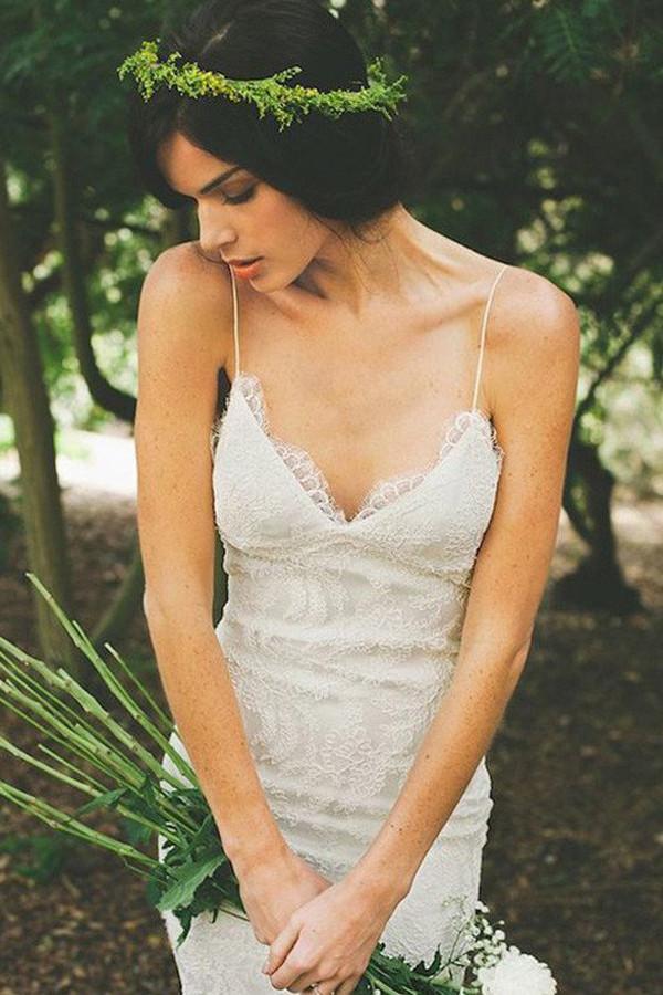 Baoleely White V-neck Open Back Spaghetti Straps Wedding Dress with Sweep Train, MW231