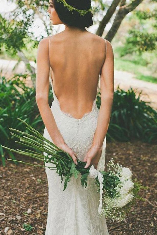Baoleely White V-neck Open Back Spaghetti Straps Wedding Dress with Sweep Train, MW231