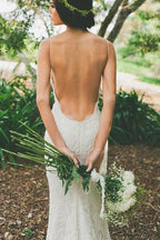 Baoleely White V-neck Open Back Spaghetti Straps Wedding Dress with Sweep Train, MW231