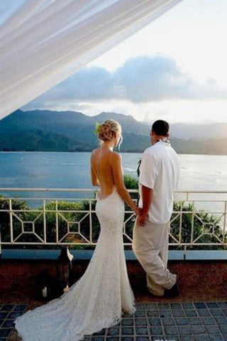 Vestido de novia playero estilo sirena vintage con espalda descubierta y tirantes finos de encaje de Baoleely, MW250 