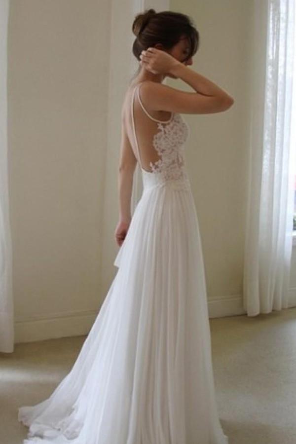 Baoleely White Chiffon Spaghetti Straps Simple Lace Backless Cheap Wedding Dresses, MW234