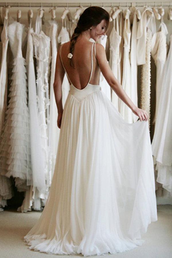 Baoleely White Chiffon Spaghetti Straps Simple Lace Backless Cheap Wedding Dresses, MW234