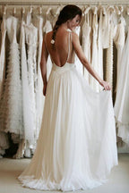 Baoleely White Chiffon Spaghetti Straps Simple Lace Backless Cheap Wedding Dresses, MW234