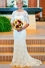 Baoleely White Mermaid Lace Round Neck Open Back Half Sleeves Wedding Dresses, MW211
