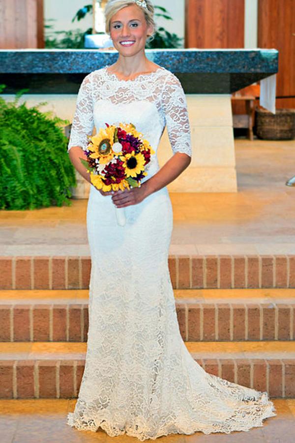 Baoleely White Mermaid Lace Round Neck Open Back Half Sleeves Wedding Dresses, MW211
